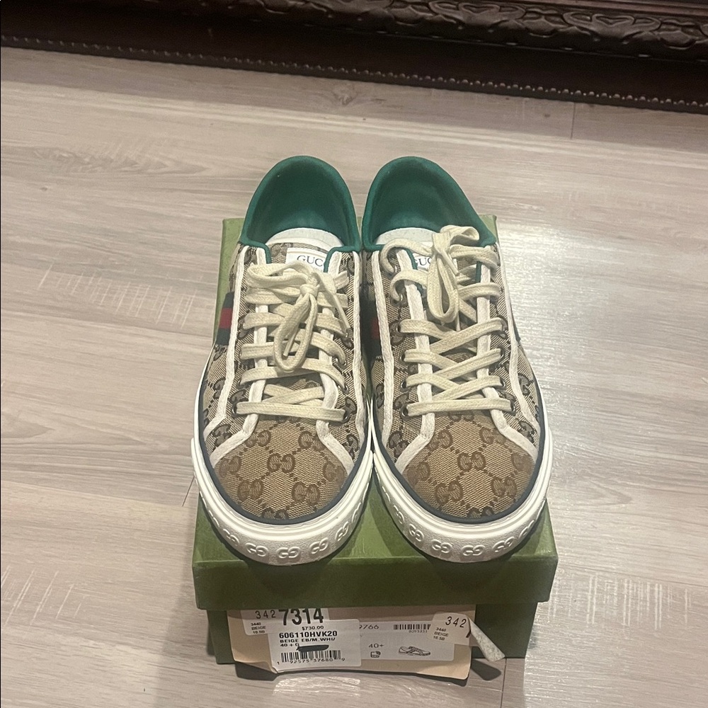 Gucci Beige GG Canvas Sneakers with Green Heel